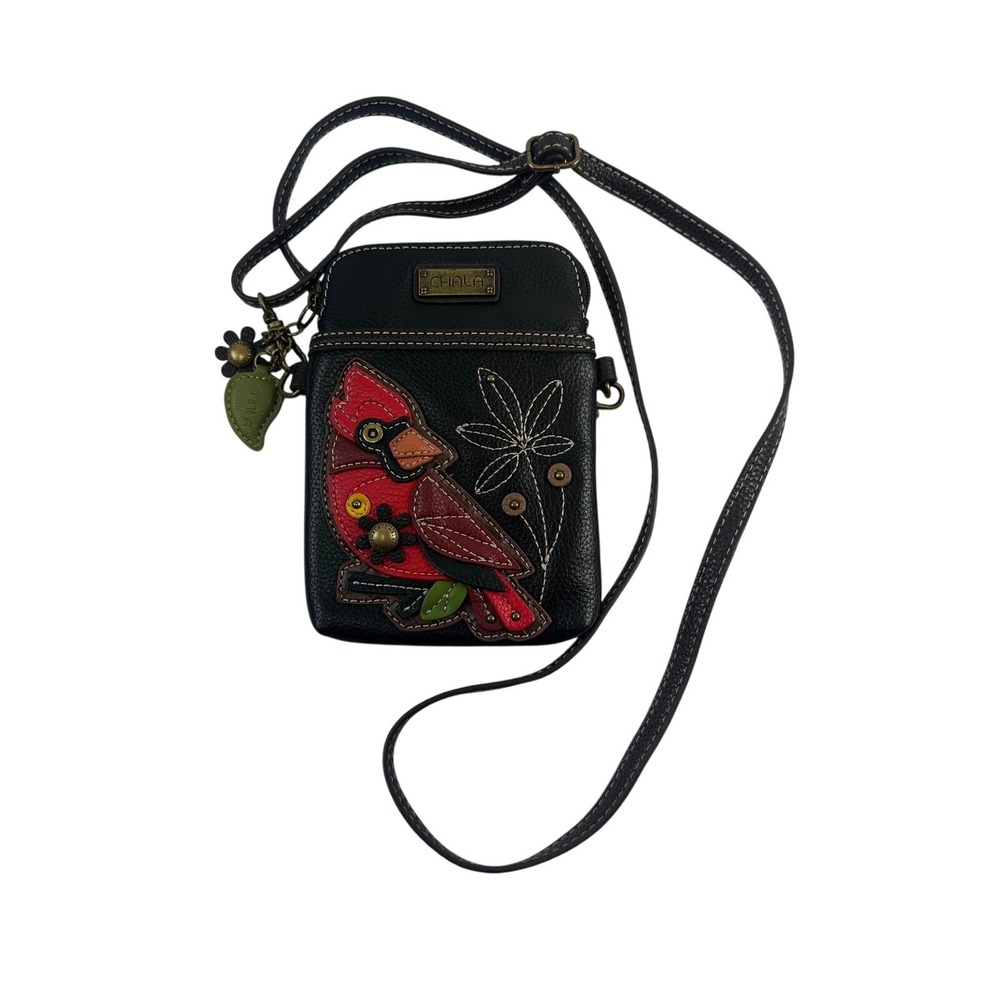 Chala Cell Phone Crossbody Purse Black Cardinal Bird Vegan Leather Small Bag